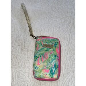 Lilly Pulitzer Wristlet Wallet Pink Green Palm Print Zip  Case Organizer